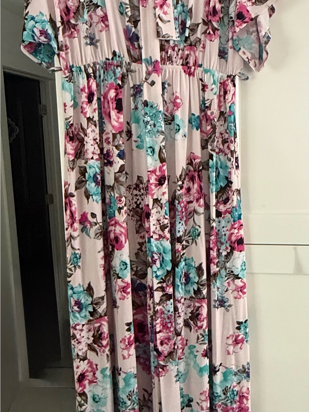 Women's Pink Floral Maxi Dress with Teal Accents